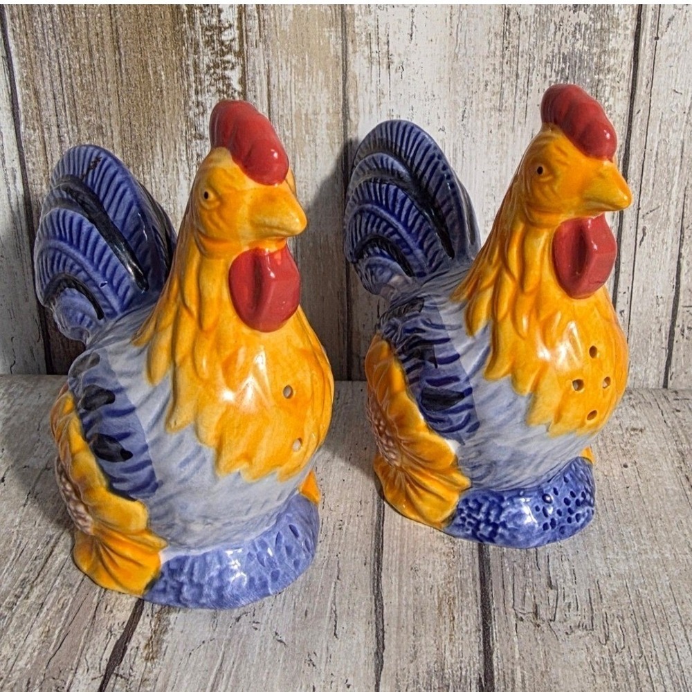 Vintage Farmhouse Ceramic Rooster‎ Sunflower Salt and Pepper Shaker Set Colorful